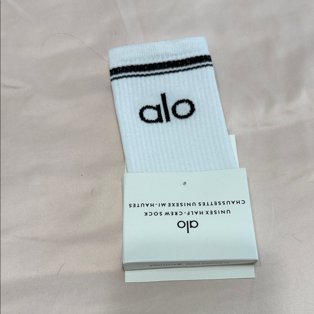 ALO Yoga White Crew Athletic Socks with Black Accents